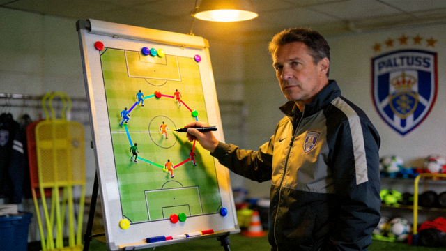 教练在战术板前分析比赛阵型与球员跑动路线